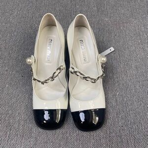 Miu Miu Cream and Black Patent Mary Jane Heels with Pearl Chain